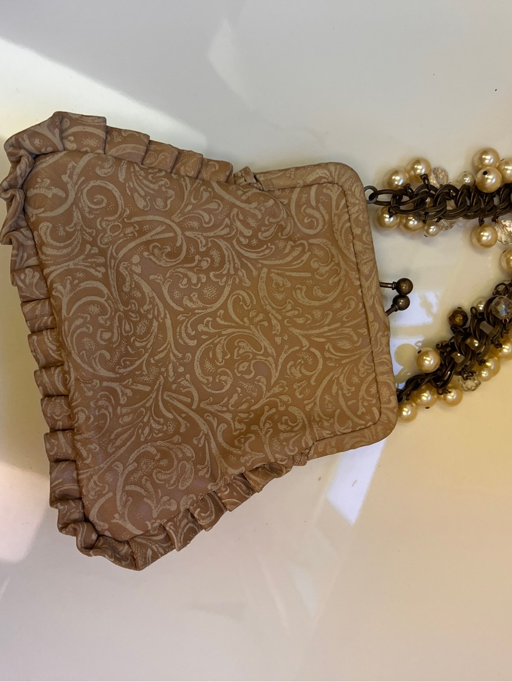Beige Paisley Ruffle Wristlet with Pearl Chain